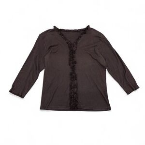 Bill Blass Brown Long Sleeve Casual Ruffle Cotton Top